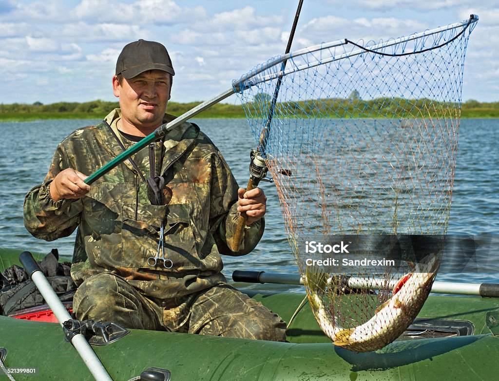 The fisherman caught a pike The man holding caught a pike in the net Catching Stock Photo