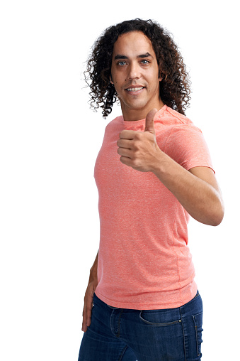 Casual ethnic male holding a thumb's up isolated on white
