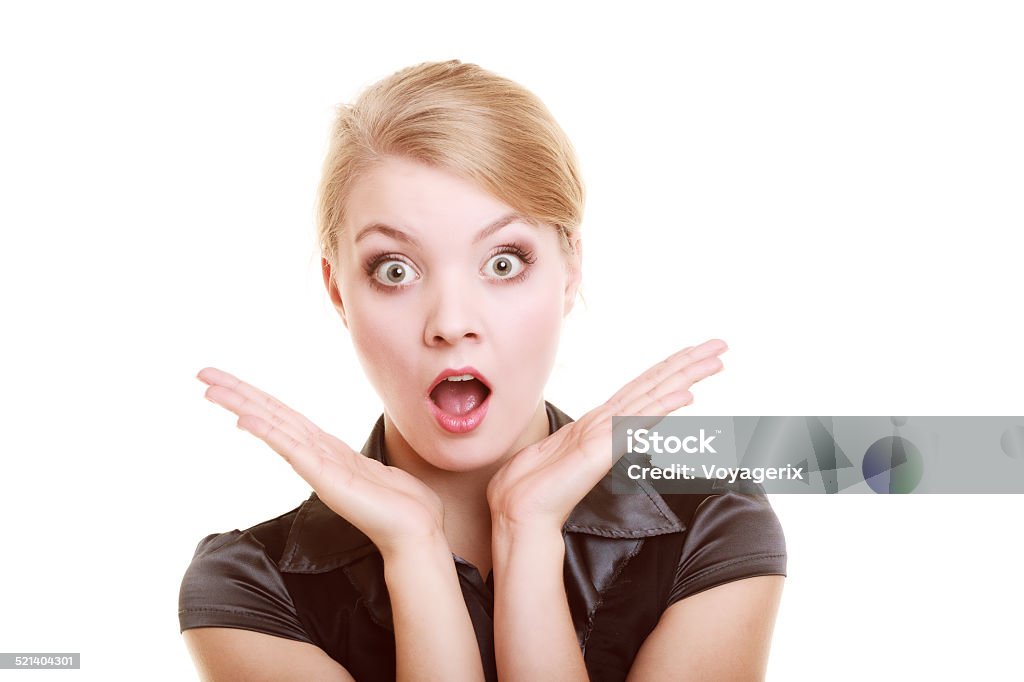 Portrait of surprised businesswoman shocked woman Portrait of surprised shocked businesswoman scared woman in black isolated on white. Gossip. Adult Stock Photo