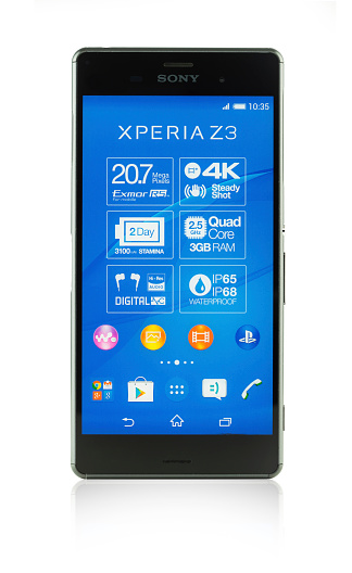 Hamburg, Germany - October 16, 2014: Studio shot of a Sony Xperia Z3 Smartphone,isolated on a white background.