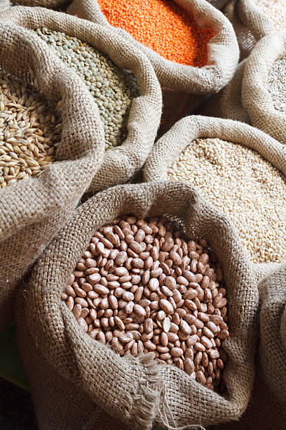 istock Beans, rice, lentils, oats, wheat, and barley in jute sack 521405165
