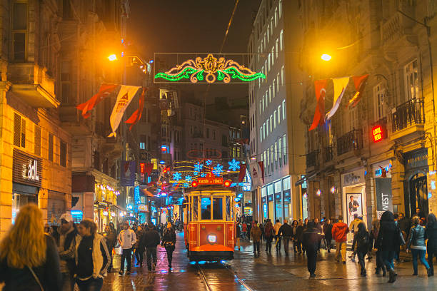 istock Christmas Lights, National Flags and Tramway in Istanbul, Turkey 521406319