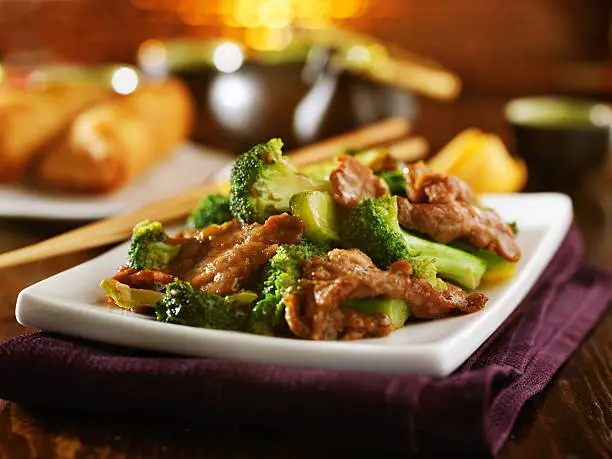 beef and broccoli chinese stirfry on white plate