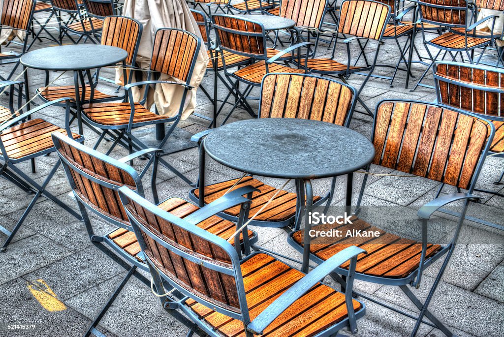 hdr tables wooden restaurant tables in hdr tone mapping. Asphalt Stock Photo