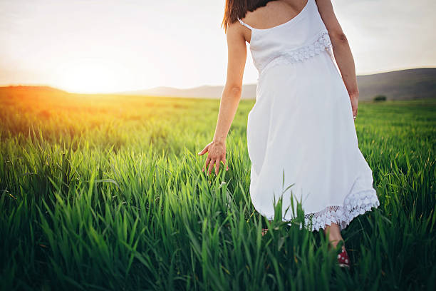 istock Girl touching green wheat 521416978