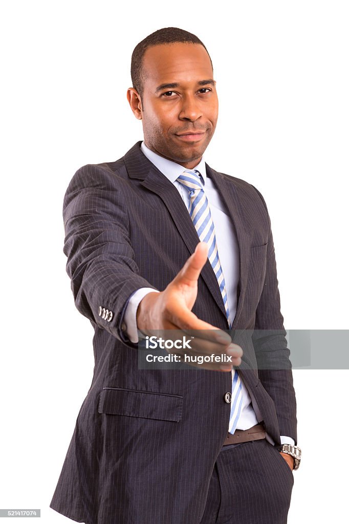 Handshake African business man offering handshake, isolated over white background Adult Stock Photo