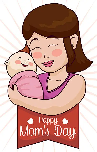 Vector illustration of Mother Hugging her Smiling Baby with Mother's Day Ribbon