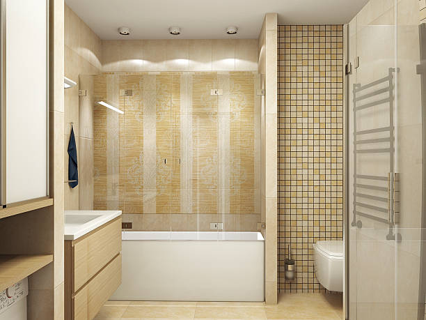 Modern interior of a bathroom 3D rendering stock photo