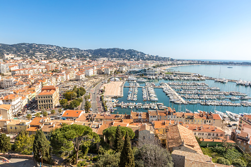 aerial view of Le Suquet- the old town and Port Le Vieux of Cannes, France