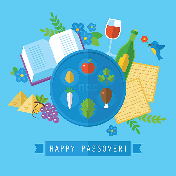 еврейский праздник песах с плоским стильные значки. изолированные - passover matzo wine wine bottle stock illustrations