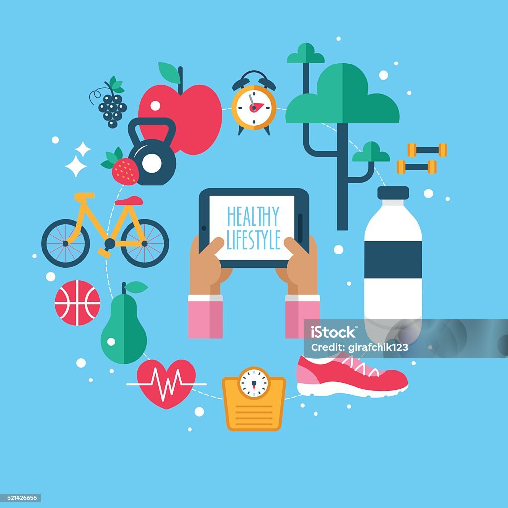 Healthy lifestyle app concept with flat modern icons Healthy lifestyle app concept with flat modern icons. Isolated vector illustration Healthy Eating stock vector