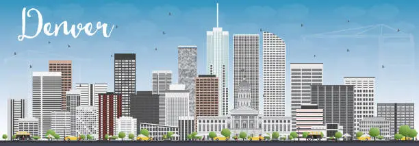 Vector illustration of Denver Skyline with Gray Buildings and Blue Sky.