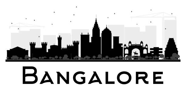 ilustraciones, imágenes clip art, dibujos animados e iconos de stock de bangalore ciudad horizonte silueta de blanco y negro. - india bangalore contemporary skyline