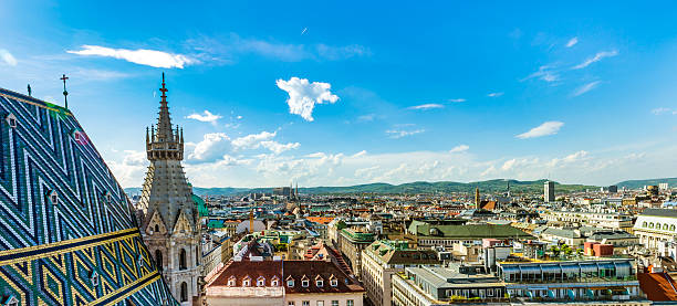 Aerial View Of Vienna City Skyline View of Vienna city from the Stephansdom roof, Austria st. stephens cathedral vienna photos stock pictures, royalty-free photos & images