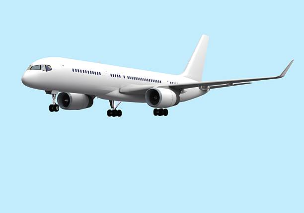 istock landing airplane side view on blue sky 521429686