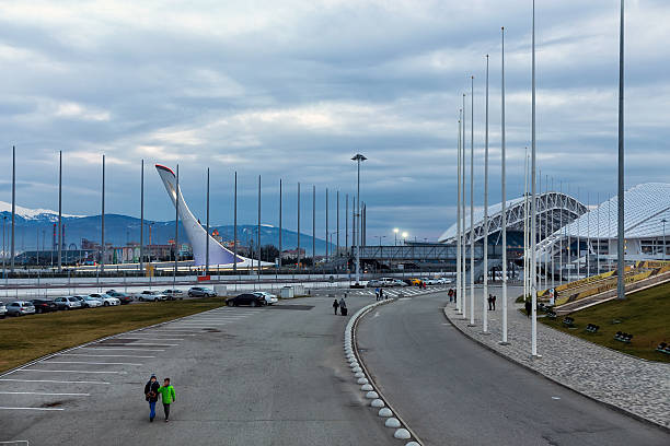 Sochi, Russia - February 5, 2016: Square with bowl of the olympic flame and Fisht stadium in the olympic park