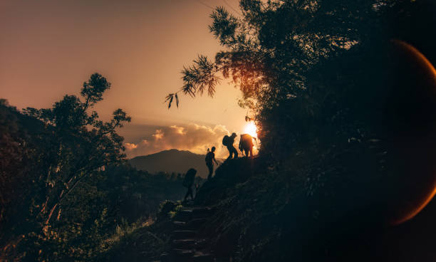 Rising up Group of hikers climbing up the steps through the jungle of Annapurna Range on Himalayas, Nepal group mountain silhouette stock pictures, royalty-free photos & images
