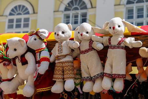 Lviv, Ukraine - July 5, 2014: Exhibition sale of dolls on Rynok Square in historic city centre