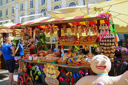 Lviv, Ukraine - July 5, 2014: Exhibition sale of sweets on Rynok Square in historic city centre