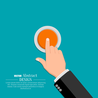 The hand in a suit presses the button. A vector illustration in flat style.