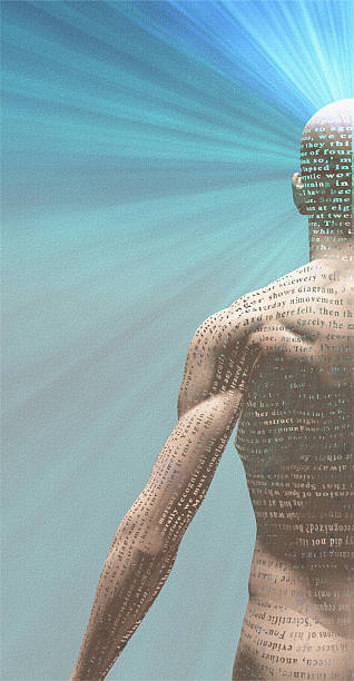 istock Man radiates light from text on his skin 521435801