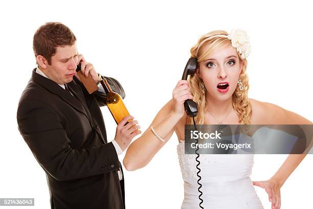 Wedding Angry Bride And Groom Talking On Phone Stock Photo - Download Image Now - Addiction, Adult, Alcohol Abuse