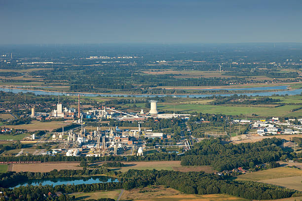 Industrial Park Solvay Rheinberg in the Lower Rhine Region Industrial Park Solvay Rheinberg in the Lower Rhine Region of Germany - Aerial view of Rheinberg, North Rhine-Westfalia, Germany, Europe rheinberg illumination stock pictures, royalty-free photos & images