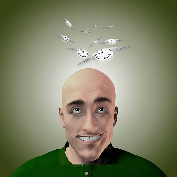 istock Cartoon man looks upward at flying time 521436915