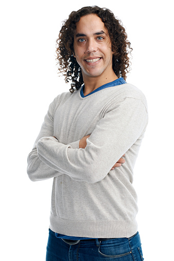 Portrait of happy mixed race man in casual clothing  isolated on white with crossed arms