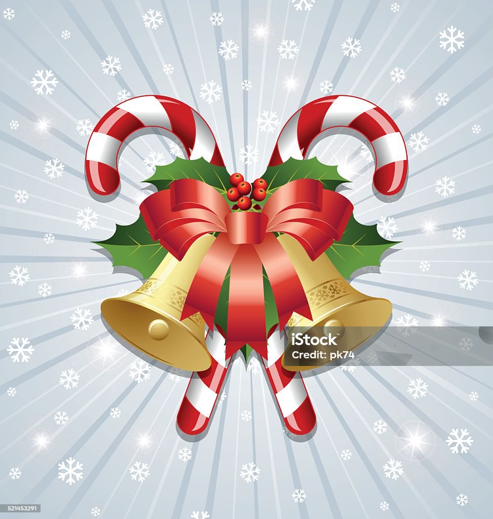 Candy canes and bells decoration Candy canes decorated with bells, holly and ribbon on snowy background Backgrounds stock vector