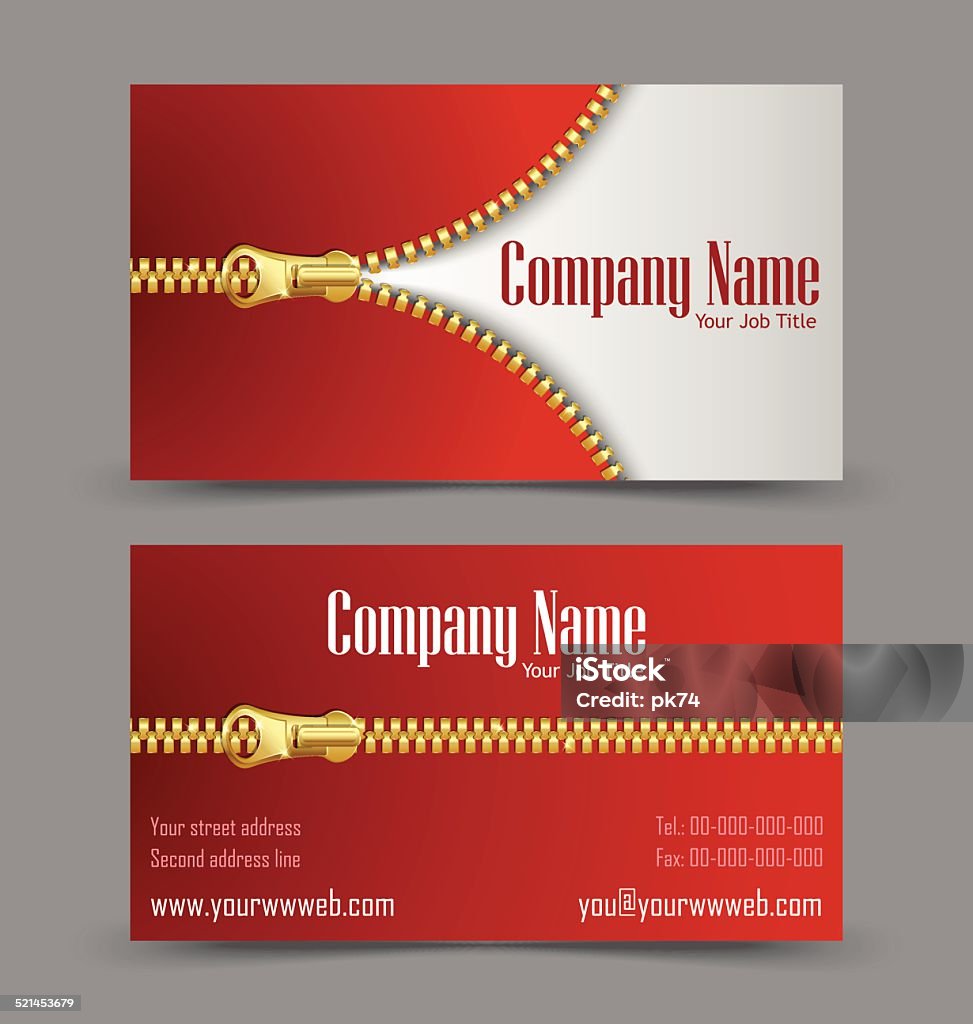 Zipper theme business card Front and back side of zipper theme business card isolated on grey background Adult stock vector