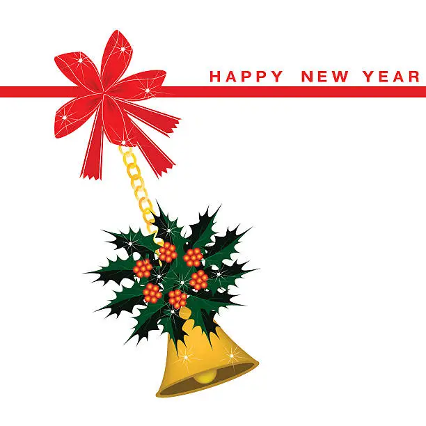 Vector illustration of New Year Card with Golden Bell and Christmas Holly