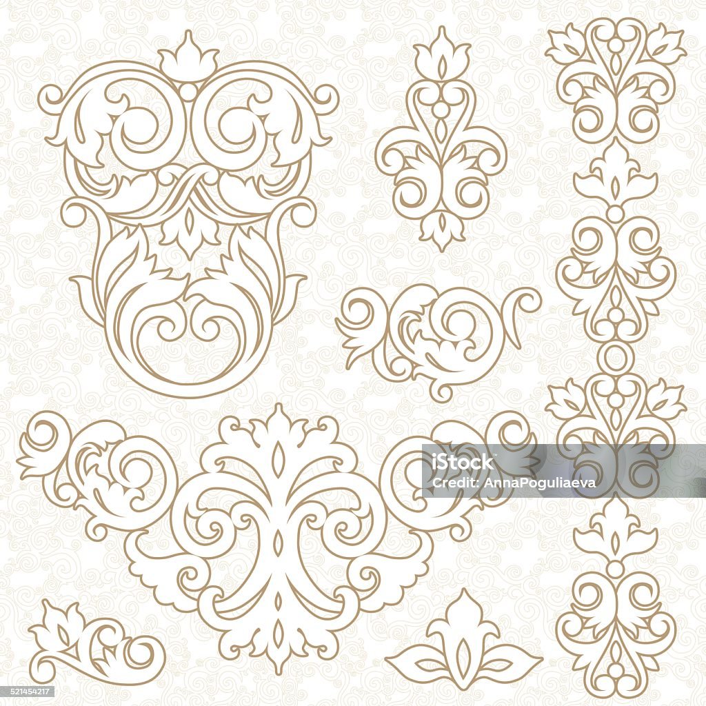 Vector set of ornament in Victorian style. Vector set of ornament in Victorian style. Ornate elements for design and place for text. Ornamental lace pattern for wedding invitations and greeting cards. Traditional decor. Abstract stock vector