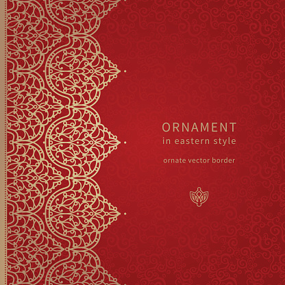 Vector seamless border in Eastern style. Ornate element for design and place for text. Ornamental lace pattern for wedding invitations and greeting cards. Traditional golden decor on red background.