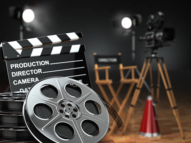 Video, movie, cinema concept. Retro camera, reels, clapperboard Video, movie, cinema concept. Retro camera, reels, clapperboard and director chair. 3d hollywood stock pictures, royalty-free photos & images