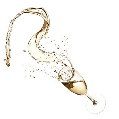 Glass of champagne with splash, isolated on white background