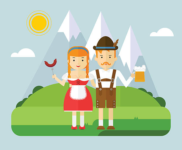 bavarian couple with beer and sausages in mountaine The girl and the guy in the Bavarian national costumes. Couple in the mountains on a picnic with beer and sausages. The character for Beer Fest. Cartoon flat vector illustration. german culture illustrations stock illustrations