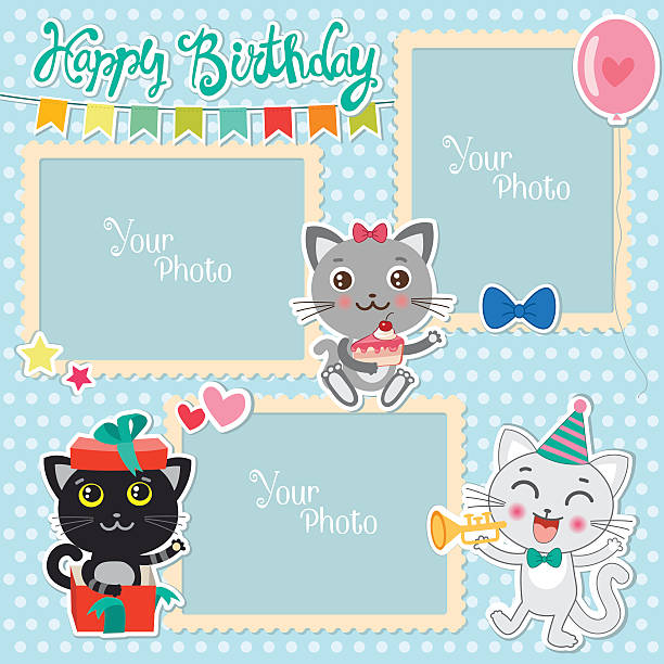 ilustrações de stock, clip art, desenhos animados e ícones de foto quadros fofinho de aniversário com gatos. decorativos modelo para bebé, - newborn animal audio