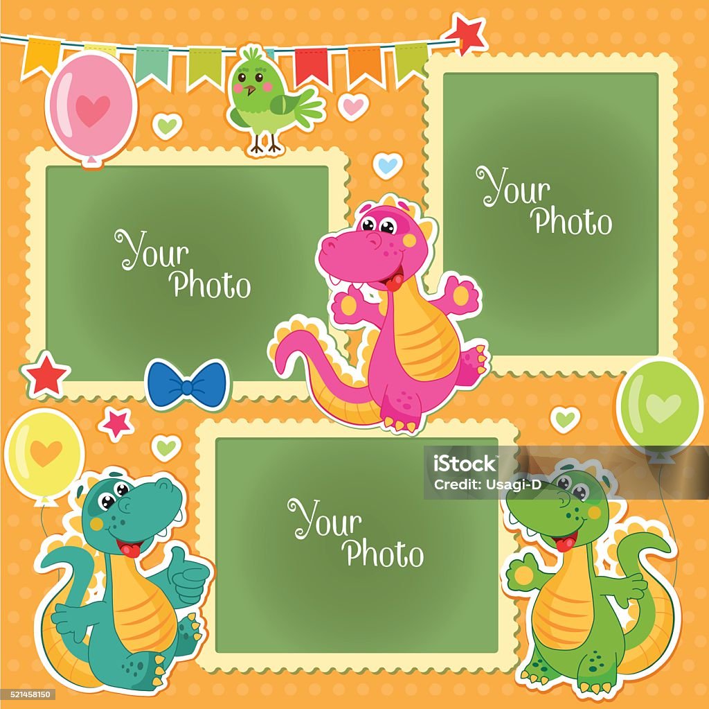 Photo Frames For Kids With Dinosaurs. Photo Frames For Kids With Dinosaurs. Decorative Template For Baby, Family Or Memories. Scrapbook Vector Illustration. Birthday Children'S Photo Framework - Stock Vector. Photo Frames Collage. Animal stock vector