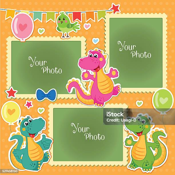 Photo Frames For Kids With Dinosaurs Stock Illustration - Download Image Now - Animal, Animal Markings, Announcement Message