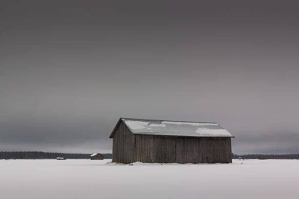 tre granai in inverno campi - winter finland agriculture barn foto e immagini stock