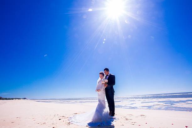 istock Beautiful bride and groom at the beach 521460580