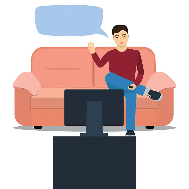 Vector illustration of А man sits on the couch watching TV and outraged