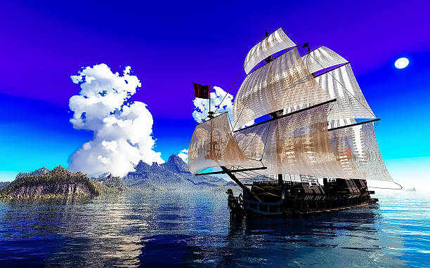 istock Pirate Ship And active volcano in 3d illustration 521463826
