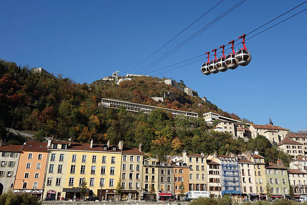 Grenoble Street View and Cable Cars Grenoble Street View and Cable Cars isere river stock pictures, royalty-free photos & images