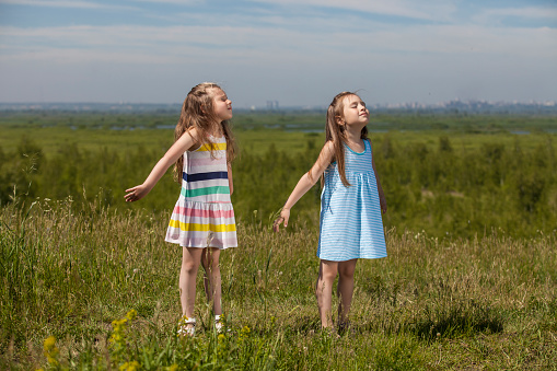Two little girls are pretty children in nature happily smiling in the sunshine