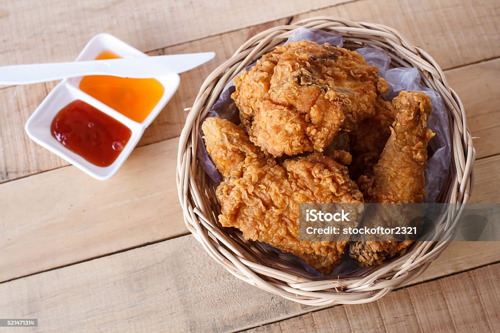 Crispy fried chicken in a basket Crispy fried chicken in a basket on table. Brown Stock Photo