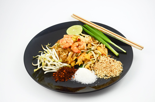 Padthai Fried noodle with shrimp on white background ,as famous food of Thailand