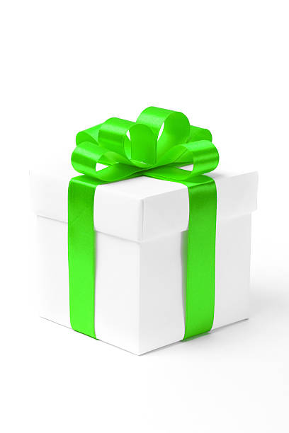 istock White gift box with green ribbon bow 521490923
