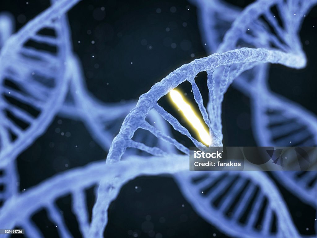 DNA with unique connection DNA molecule spiral structure with unique connection on abstract dark background. Genetics, GMO and biotechnology concept. 3D illustration DNA Stock Photo